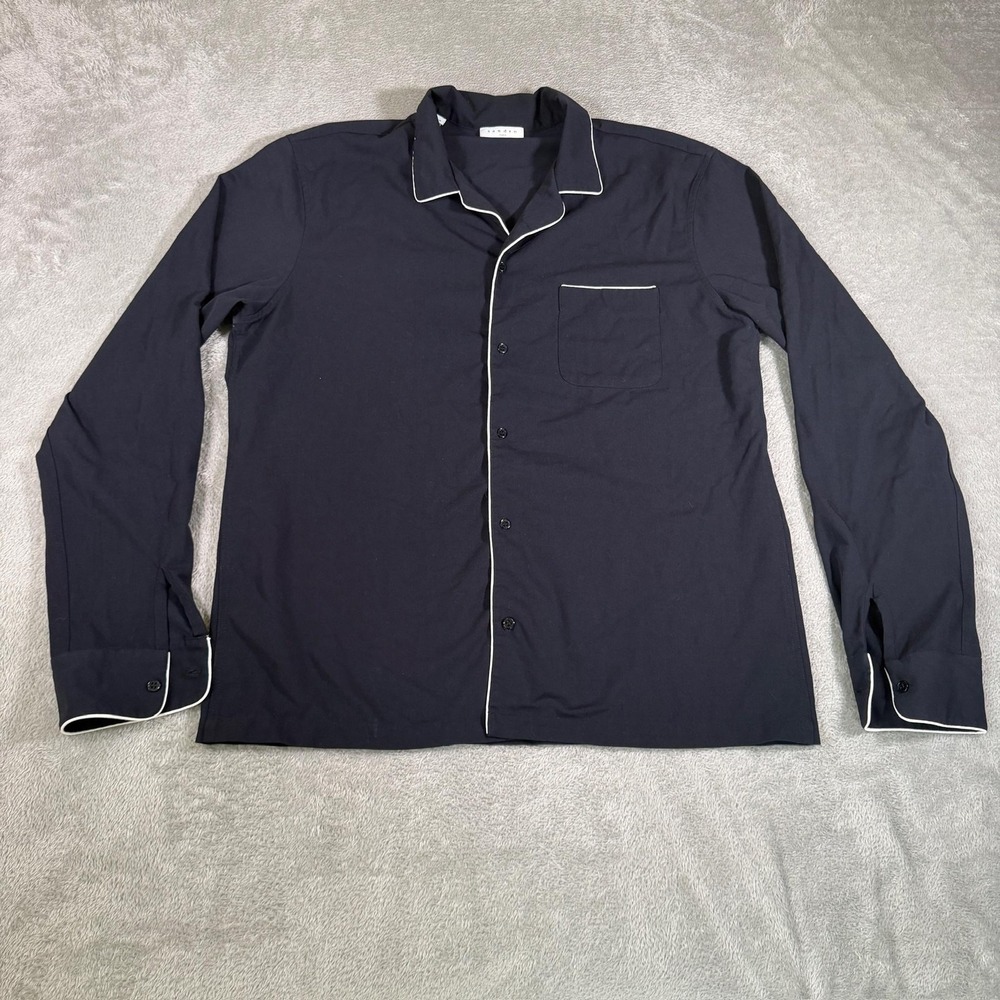 Sandro Pajama Top Mens XL Navy Blue Piped Long Sleeve Button Up Lounge